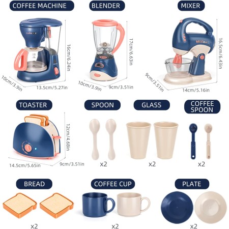 Yalujumb Juego de electrodomésticos de cocina con máquina de café, licuadora, batidora y tostadora con luz y sonidos realistas