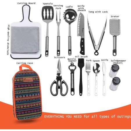 Bisgear Utensilios de cocina para campamento, utensilios de cocina, organizador de barbacoa, kit de desorden de viaje con funda