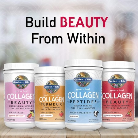 Garden of Life - Grass Fed Collagen Beauty - Polvo de colágeno para mujeres y hombres, sabor granada y arándano, 20 porciones,