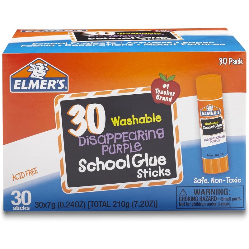 Elmer's Disappearing Purple - Barras de pegamento para la escuela, lavables, 0.25 oz, 30 unidades