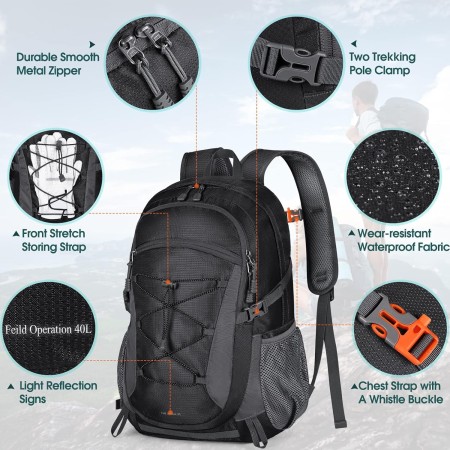 RAINSMORE Mochila de senderismo impermeable de 40 L, mochila de camping ligera y plegable para mujeres y hombres, mochila de