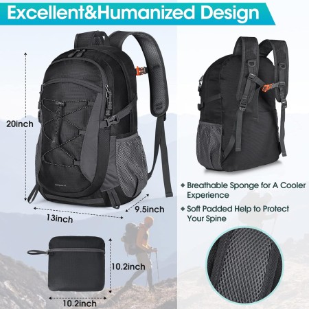 RAINSMORE Mochila de senderismo impermeable de 40 L, mochila de camping ligera y plegable para mujeres y hombres, mochila de