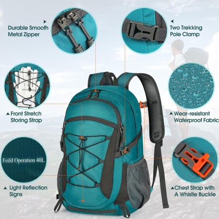 RAINSMORE Mochila de senderismo impermeable de 40 L, mochila de camping ligera y plegable para mujeres y hombres, mochila de