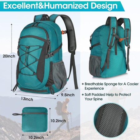 RAINSMORE Mochila de senderismo impermeable de 40 L, mochila de camping ligera y plegable para mujeres y hombres, mochila de