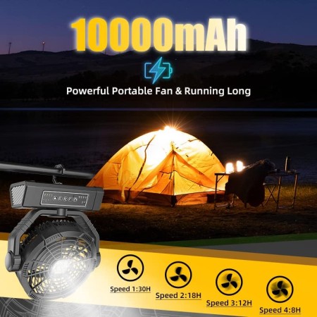 Wavmill Ventilador recargable portátil – Ventilador de campamento de 9 pulgadas de 10000 mAh con luz y gancho para tienda de