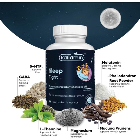 Kaitamin Ayuda natural para dormir de melatonina 7 en 1, teanina, 5-HTP, GABA, mucuna pruriens, felodendro y magnesio para el