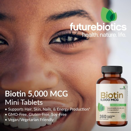 Futurebiotics Biotin 5000 MCG apoya la producción saludable de cabello, piel, uñas y energía sin OMG, 360 tabletas vegetarianas