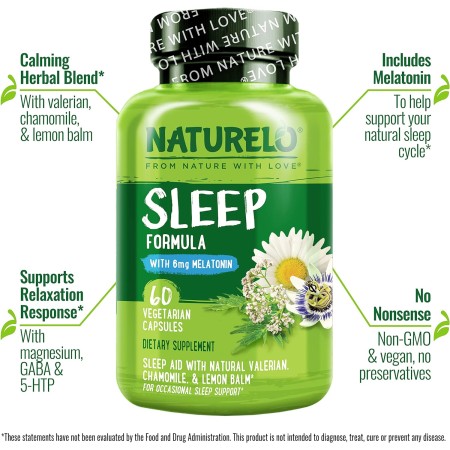 NATURELO Sleep Aid - con melatonina, magnesio, GABA, raíz de valeriana, bálsamo de limón, extractos de hierbas de manzanilla -