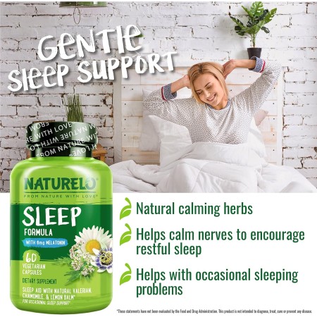 NATURELO Sleep Aid - con melatonina, magnesio, GABA, raíz de valeriana, bálsamo de limón, extractos de hierbas de manzanilla -