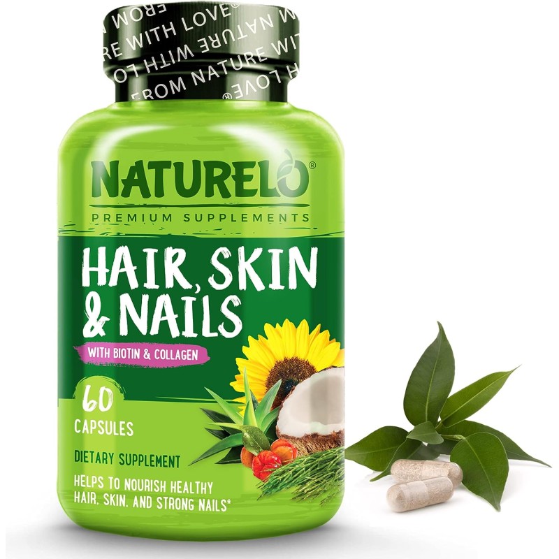 NATURELO Vitaminas para el cabello, la piel y las uñas, 5000 mcg de biotina, colágeno, vitamina E natural, suplemento para piel