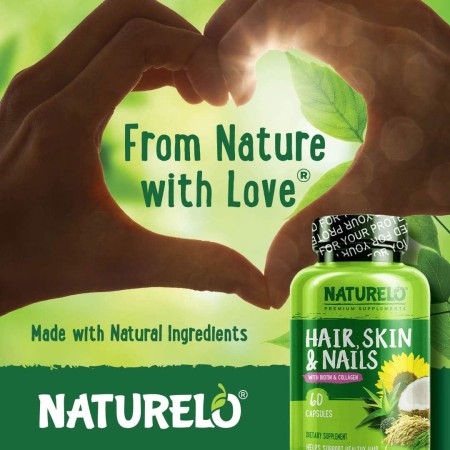 NATURELO Vitaminas para el cabello, la piel y las uñas, 5000 mcg de biotina, colágeno, vitamina E natural, suplemento para piel