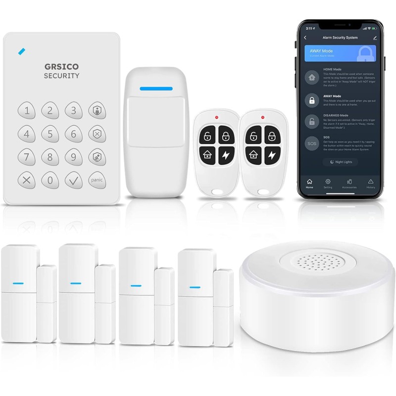 GRSICO - Sistema de alarma WiFi, sistema de alarma inteligente para el hogar, kit de 9 piezas, sistema de alarma para bricolaje,