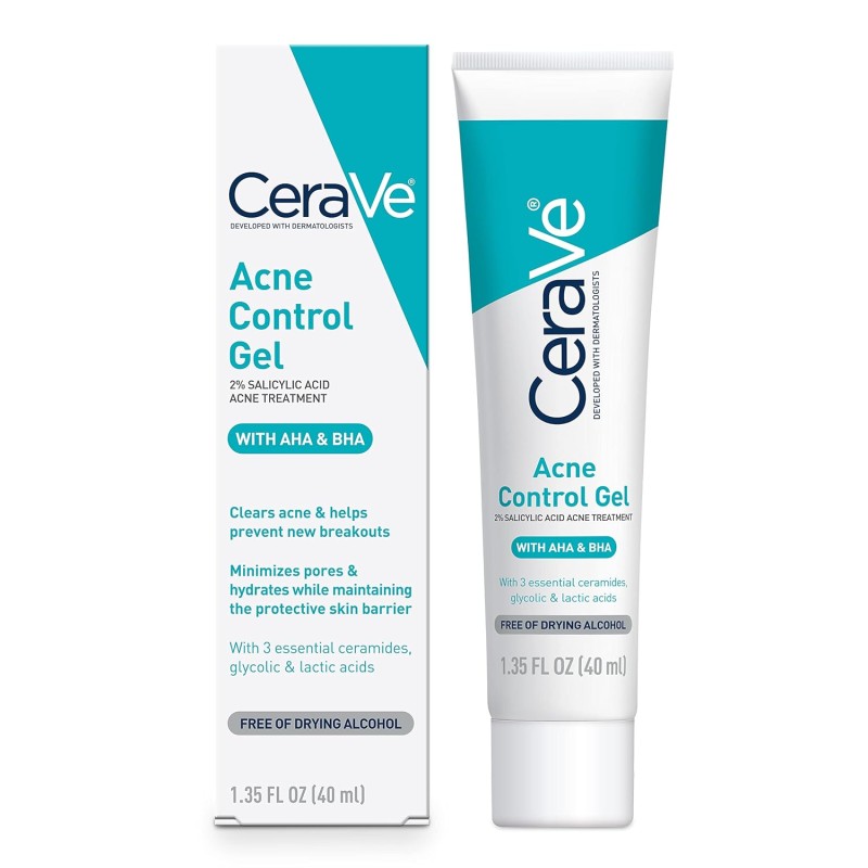 CeraVe Tratamiento de acné de ácido salicílico con ácido glicólico y ácido láctico | Gel de acné AHA/BHA para controlar la cara