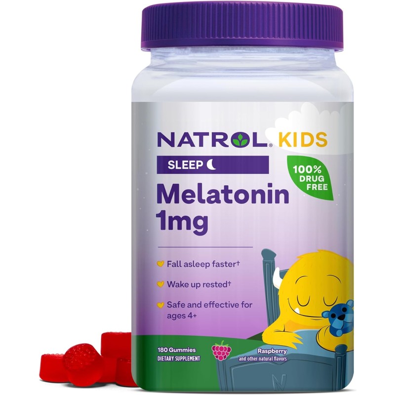 Natrol Melatonina para niños de 1 mg, suplemento dietético para un sueño reparador, 180 gomitas con sabor a bayas, suministro