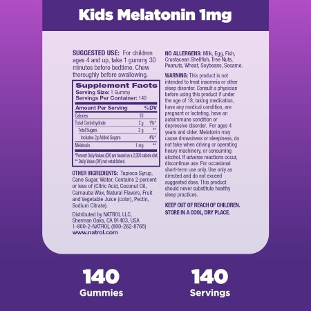 Natrol Melatonina para niños de 1 mg, suplemento dietético para un sueño reparador, 180 gomitas con sabor a bayas, suministro