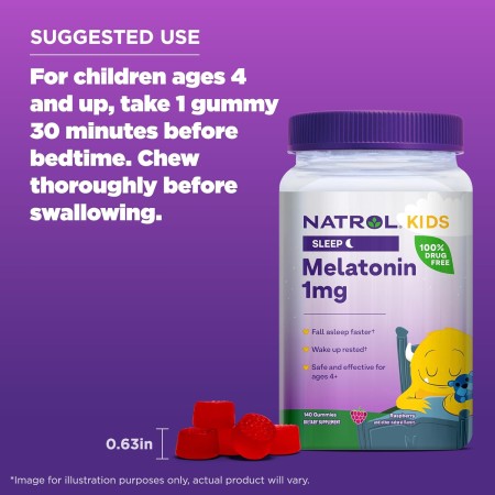 Natrol Melatonina para niños de 1 mg, suplemento dietético para un sueño reparador, 180 gomitas con sabor a bayas, suministro