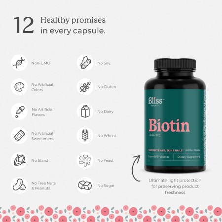 Bliss Serenity Biotin 10000mcg - Suplemento de biotina de máxima fuerza, vitaminas para la piel y las uñas para mujeres y