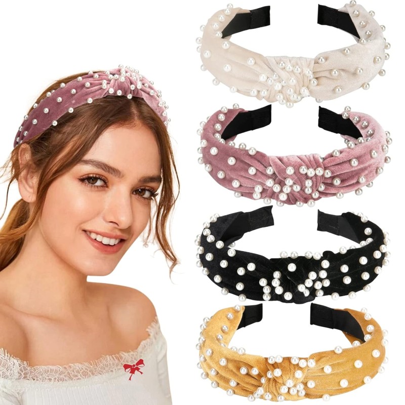 Allucho Diademas de perlas para mujer, diadema de cuentas antideslizante, banda ancha con nudo superior, diadema negra, blanca,