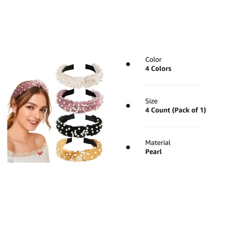 Allucho Diademas de perlas para mujer, diadema de cuentas antideslizante, banda ancha con nudo superior, diadema negra, blanca,