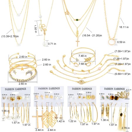 AROIC - Juego de 38 piezas de joyería de oro con 4 collares, 10 pulseras, 24 aretes de argolla para mujeres y niñas, bisutería,