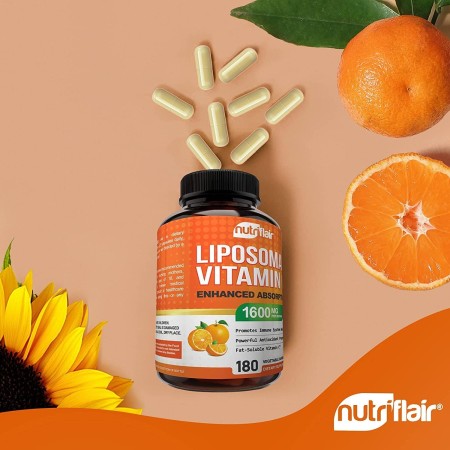 NutriFlair Vitamina C liposomal, 1600 mg, 180 cápsulas - Alta absorción, VIT C soluble en grasa, suplemento antioxidante, mayor