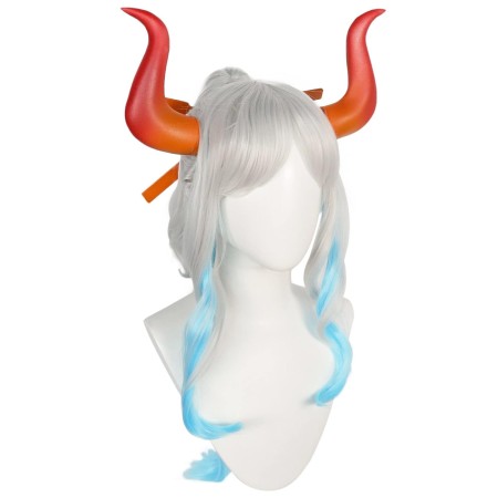 IMEYLE Yamato - Juego de 4 pelucas de cosplay para mujer (+ cuernos + palos) plateado, blanco, azul, verde, ombré, peluca larga