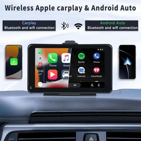 Camecho Apple Carplay inalámbrico y Android Auto, estéreo portátil de 7 pulgadas con pantalla táctil para automóvil con Apple