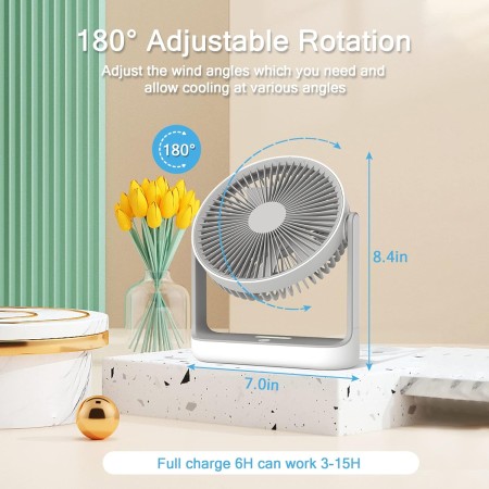 EDON Ventilador de escritorio pequeño, ventilador de escritorio recargable con luz, 4 velocidades, gancho para colgar,