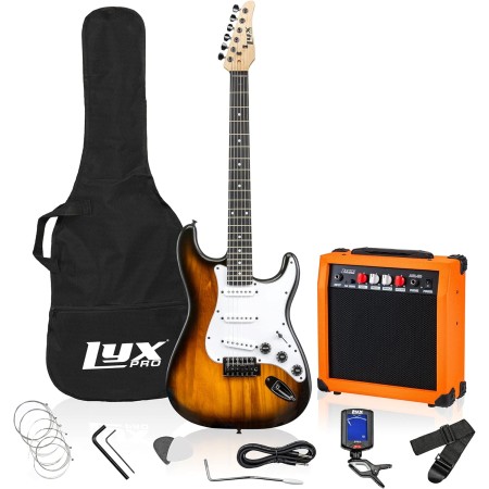 Kit de guitarra eléctrica con amplificador de 20W, todos los accesorios, sintonizador digital de broche, seis cuerdas, dos uñas