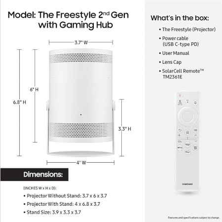 SAMSUNG 30-100 pulgadas The Freestyle 2nd Gen con Gaming Hub Proyector portátil inteligente, FHD, HDR, experiencia de cine en