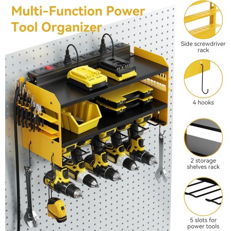 Organizador de herramientas eléctricas con estación de carga, organizador de taladro de garaje, tira de alimentación integrada