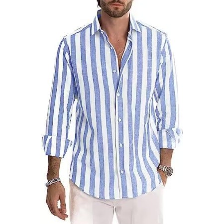 DELCARINO Camisa casual de manga corta para hombre, camisa de lino y algodón con estilo de rayas verticales