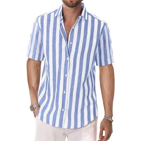 DELCARINO Camisa casual de manga corta para hombre, camisa de lino y algodón con estilo de rayas verticales