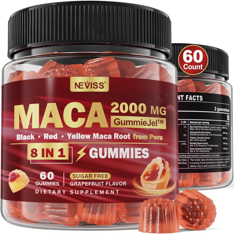 Gomitas rellenas de raíz de maca sin azúcar, 2000 mg para mujeres y hombres con Ashwagandha, Tribulus Terrestris, Rhodiola,