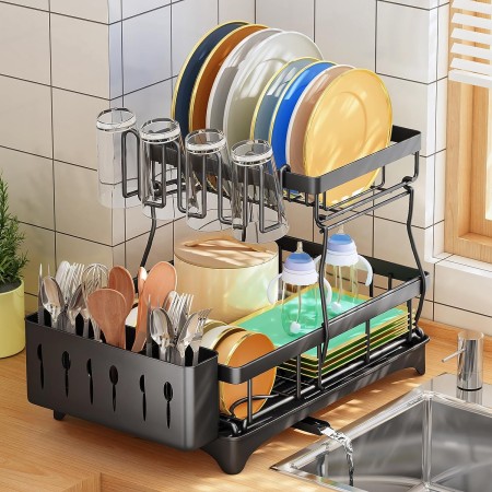 Escurridor de platos – Escurridor de platos de 2 niveles y escurridor para encimera de cocina de apartamento, organizador de