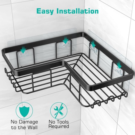 YASONIC Organizador de ducha adhesivo de esquina, con soporte para jabón y 12 ganchos, organizador de baño de acero inoxidable a