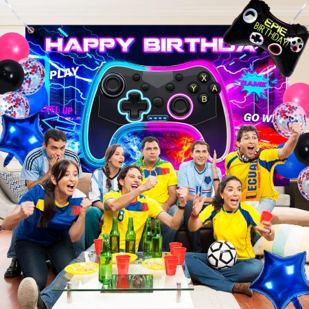 MOMOHOO Suministros de decoración de fiesta de cumpleaños de videojuegos, 151 piezas de decoraciones de cumpleaños para niños,