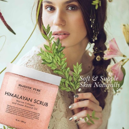 Majestic Pure Sal exfoliante corporal del Himalaya con colágeno y aceite dulce de almendras, sal para exfoliar e hidratar la