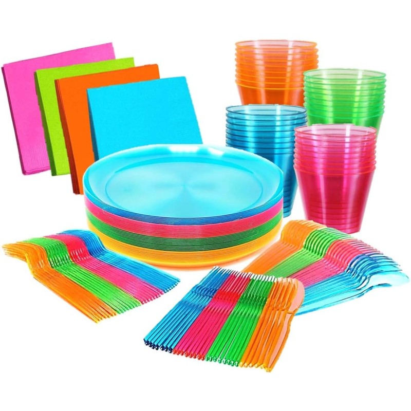 Kedudes Neon Glow - Suministros para fiestas, sirve 32 platos de neón desechables de plástico duro, servilletas, vasos de neón,