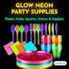 Kedudes Neon Glow - Suministros para fiestas, sirve 32 platos de neón desechables de plástico duro, servilletas, vasos de neón,