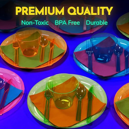 Kedudes Neon Glow - Suministros para fiestas, sirve 32 platos de neón desechables de plástico duro, servilletas, vasos de neón,