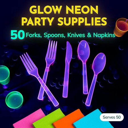 Kedudes Neon Glow - Suministros para fiestas, sirve 32 platos de neón desechables de plástico duro, servilletas, vasos de neón,