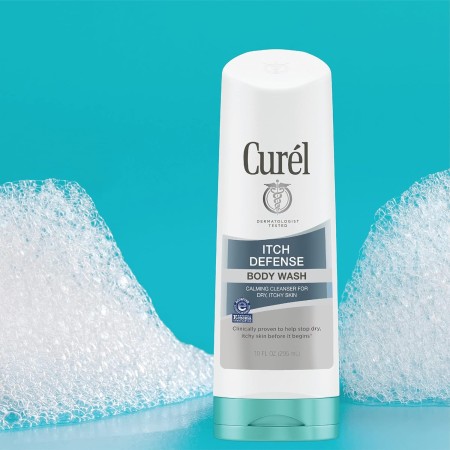 Curel Itch Defense Gel de baño calmante fórmula suave sin jabón, para piel seca y con picazón, con jojoba hidratante y aceite de