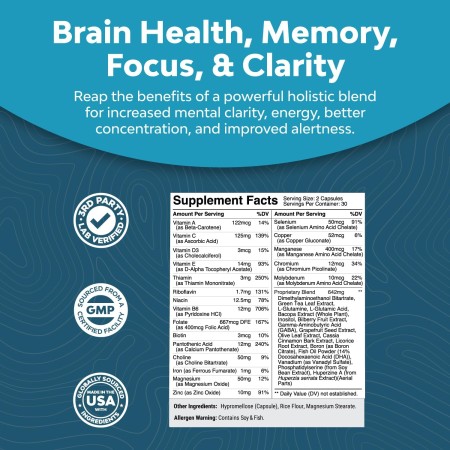 Suplemento de apoyo cerebral nootrópicos - Suplemento de memoria nootrópico para la salud cerebral con energía y vitaminas DMAE