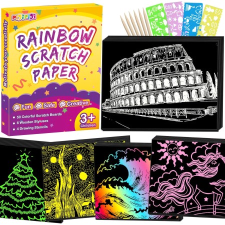 pigipigi Juguete para niños de 3 a 12 años: Kit de arte de papel para rascar arco iris, juego de arte de 5 colores de fondo,