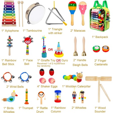 Instrumentos musicales para niños, 33 piezas, 18 tipos, instrumentos de percusión de madera, pandereta, xilófono, juguetes para