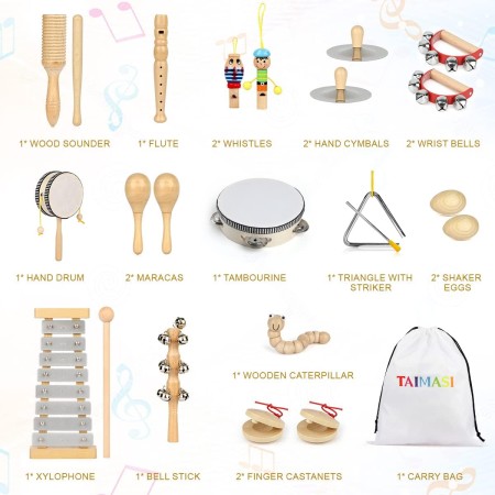 Instrumentos musicales para niños, 33 piezas, 18 tipos, instrumentos de percusión de madera, pandereta, xilófono, juguetes para